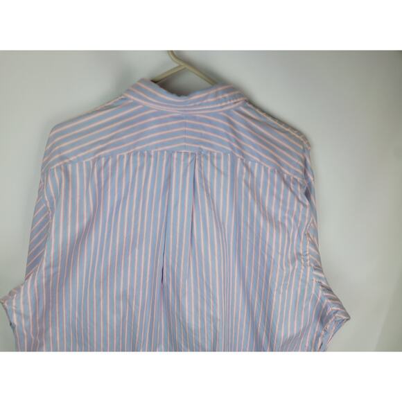 Lands End Mens Super Fine 2-Ply Yarn Striped Pink Blue Button Up Size 17/37 Tall - Picture 9 of 13